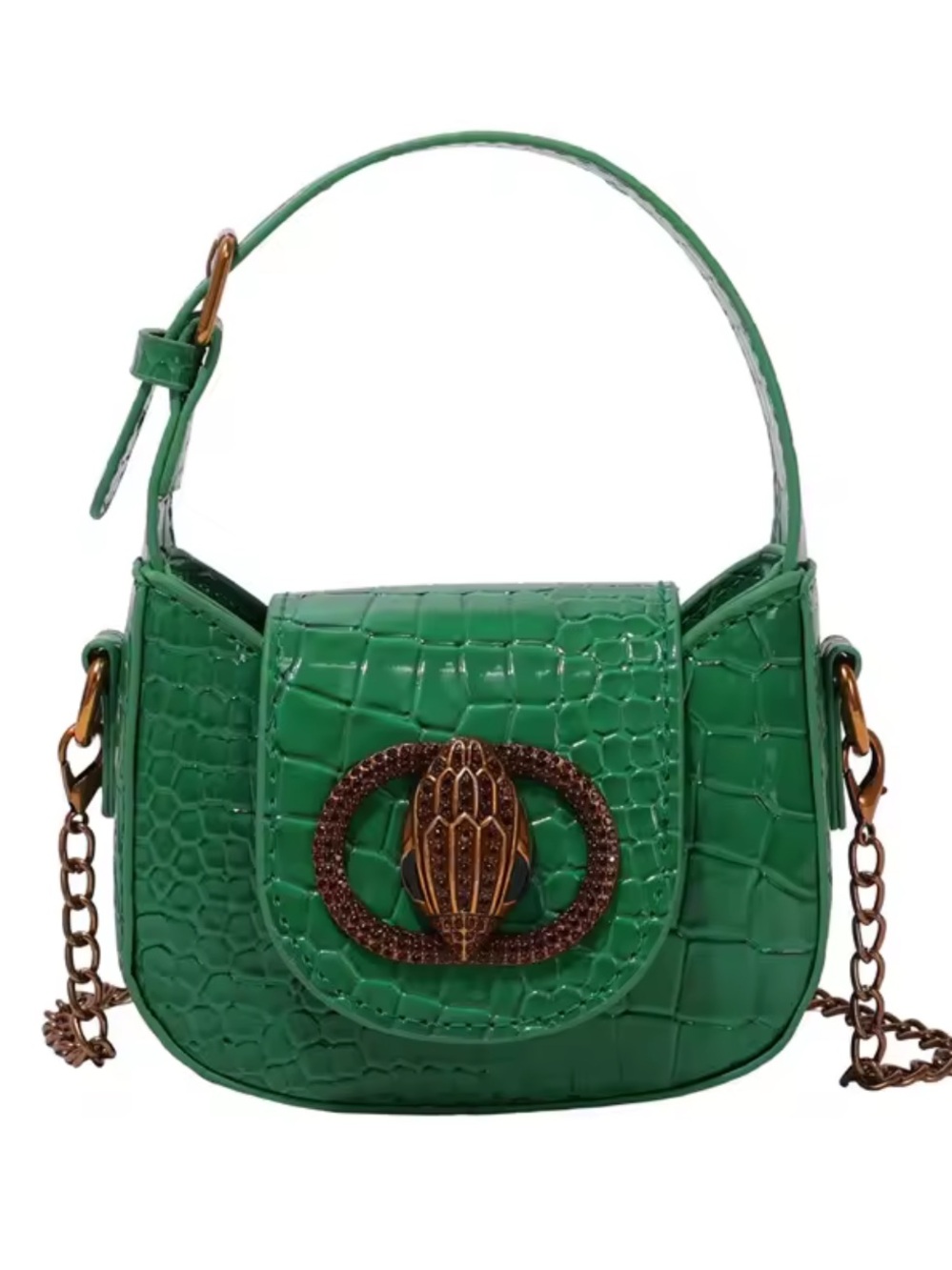 Kurt Geiger Green Croc-Embossed Mini Top-Handle Bag with Chain